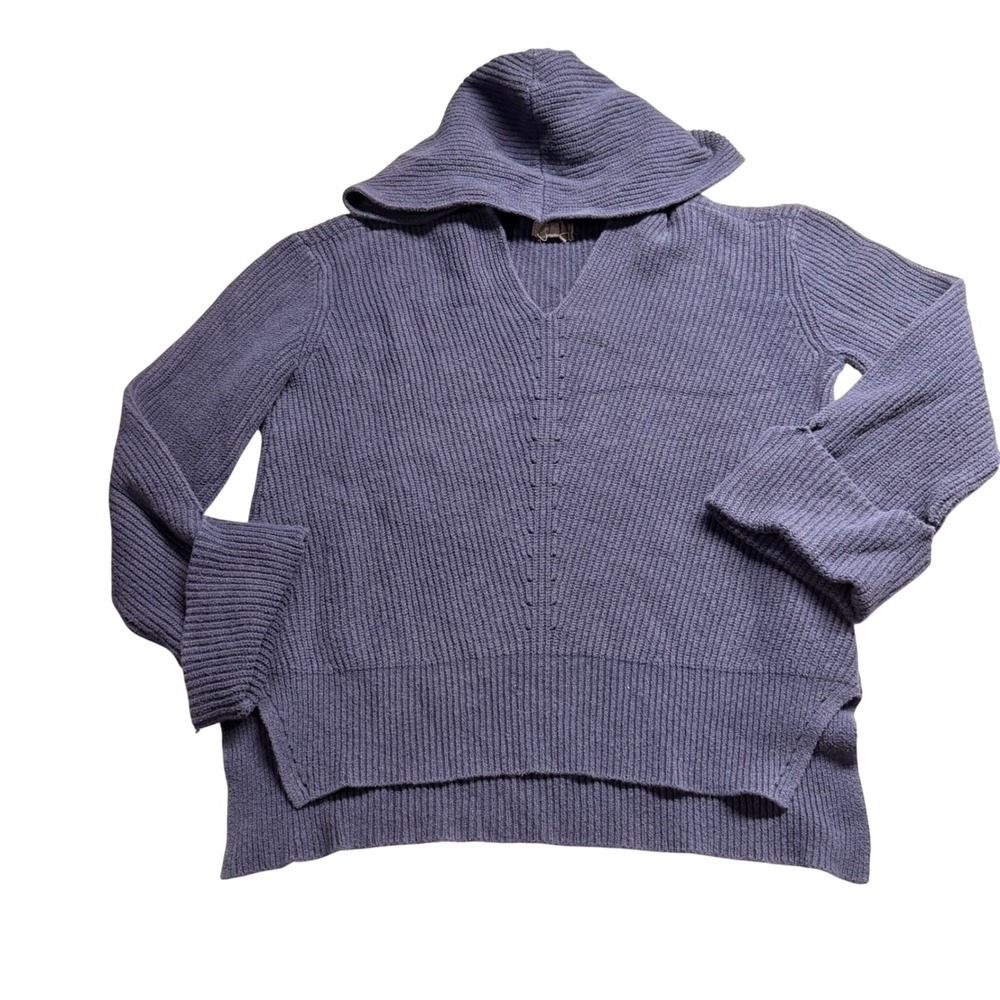 Anthropologie Ribbed Knit Hoodie Sweater Navy Blue V-Neck High Low Hem Medium